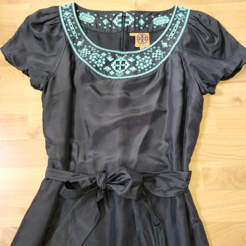 Tory Burch Lottie Black Silk Embroidered Belted Shift Dress 6